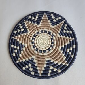 African Coiled Woven Wall Hanging Trivet Flat Blue Sun Star